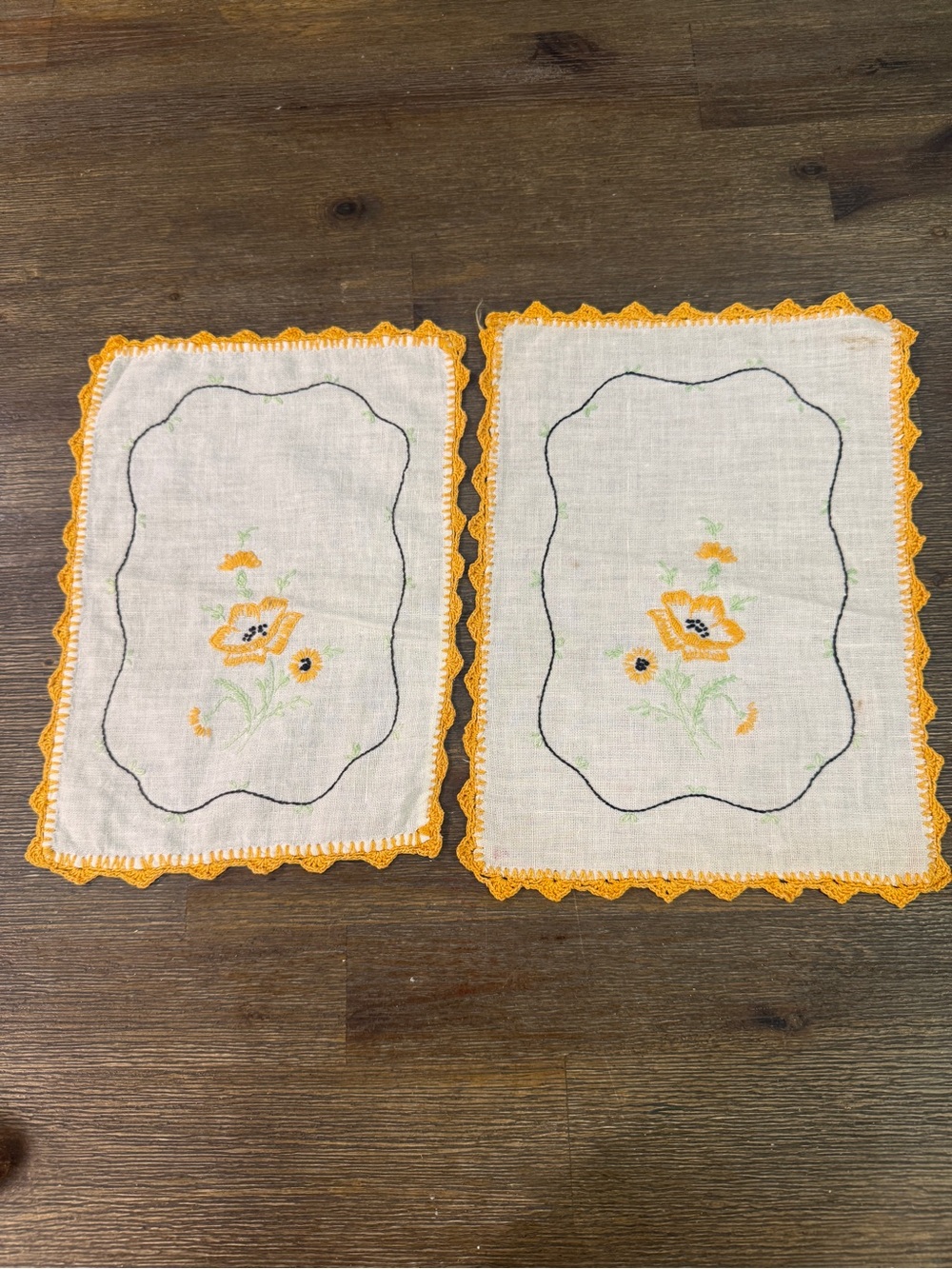Hand-Embroidered Yellow Floral Linen Small Placemats - Set of 2